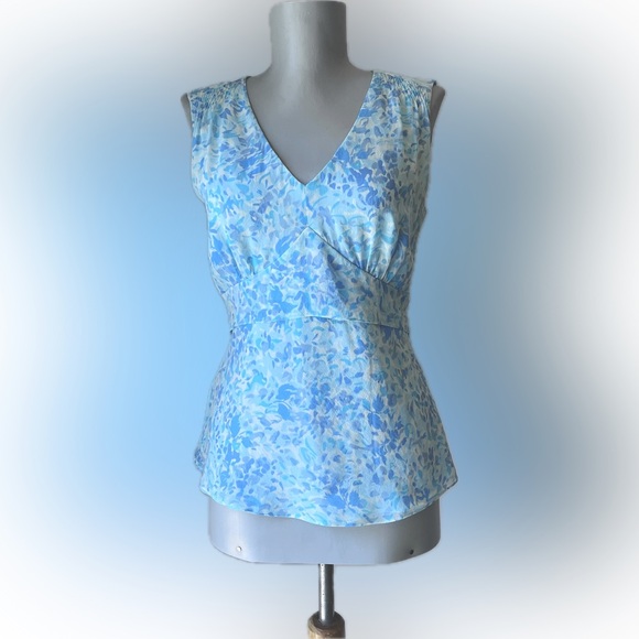 Ann Taylor Blue Silk Chiffon Tie-Back Sleeveless Blouse with Empire Waist - Picture 2 of 15